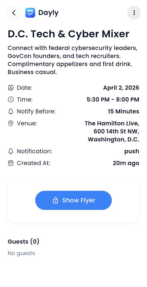 AI Scan result showing D.C. Tech & Cyber Mixer event details